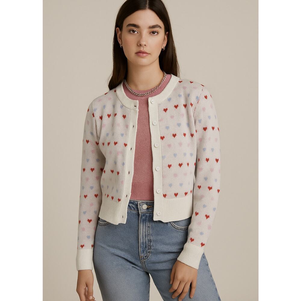 Callahan Knitwear XS Victoria Heart Love Print Button Up Cardigan Sweater Cotton